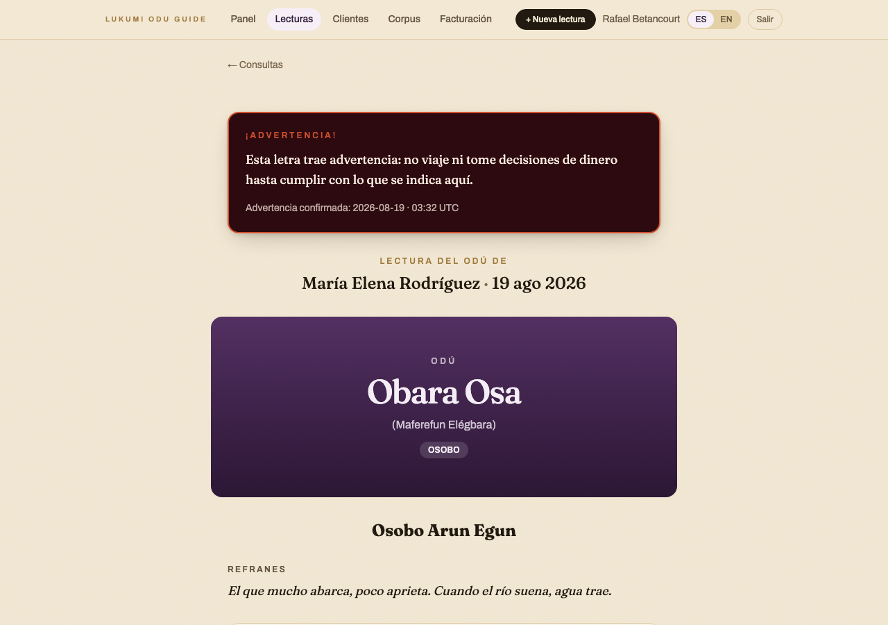 Captura de pantalla del informe de una lectura terminada, el registro que queda guardado